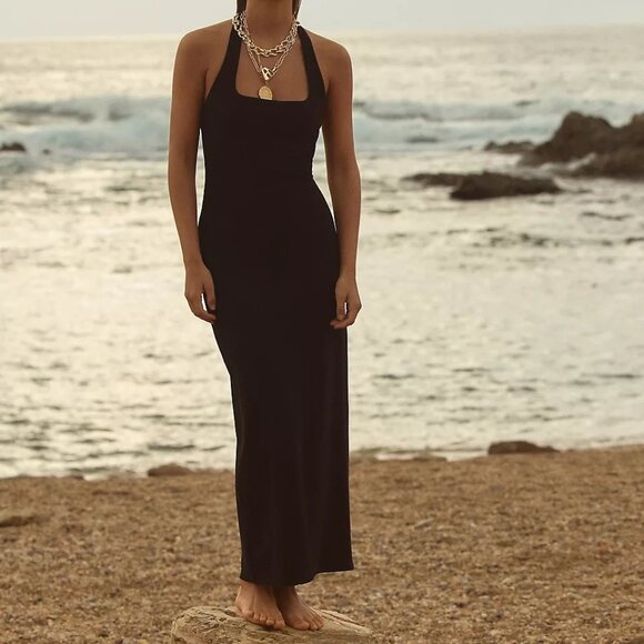 LSPACE London Halter Midi Dress Ribbed Black Beach Vacation Resort Wear Size L - Picture 1 of 10